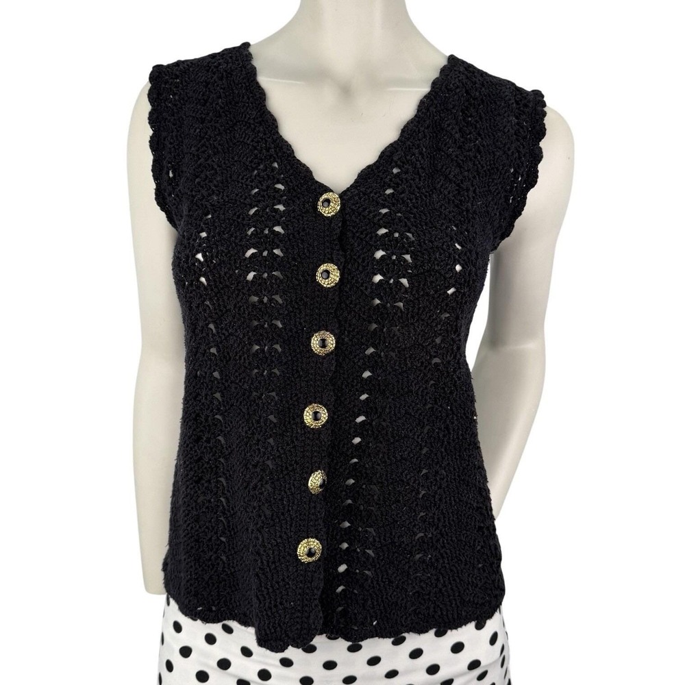 Handmade Vintage Crochet Vest Black Gold Buttons Boho Dark Academia Size S/M